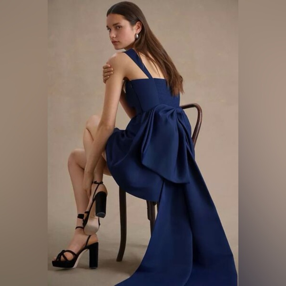 NWT Sachin & Babi Blaine Taffeta Square-Neck Bow Train Mini Dress Navy | Size 4